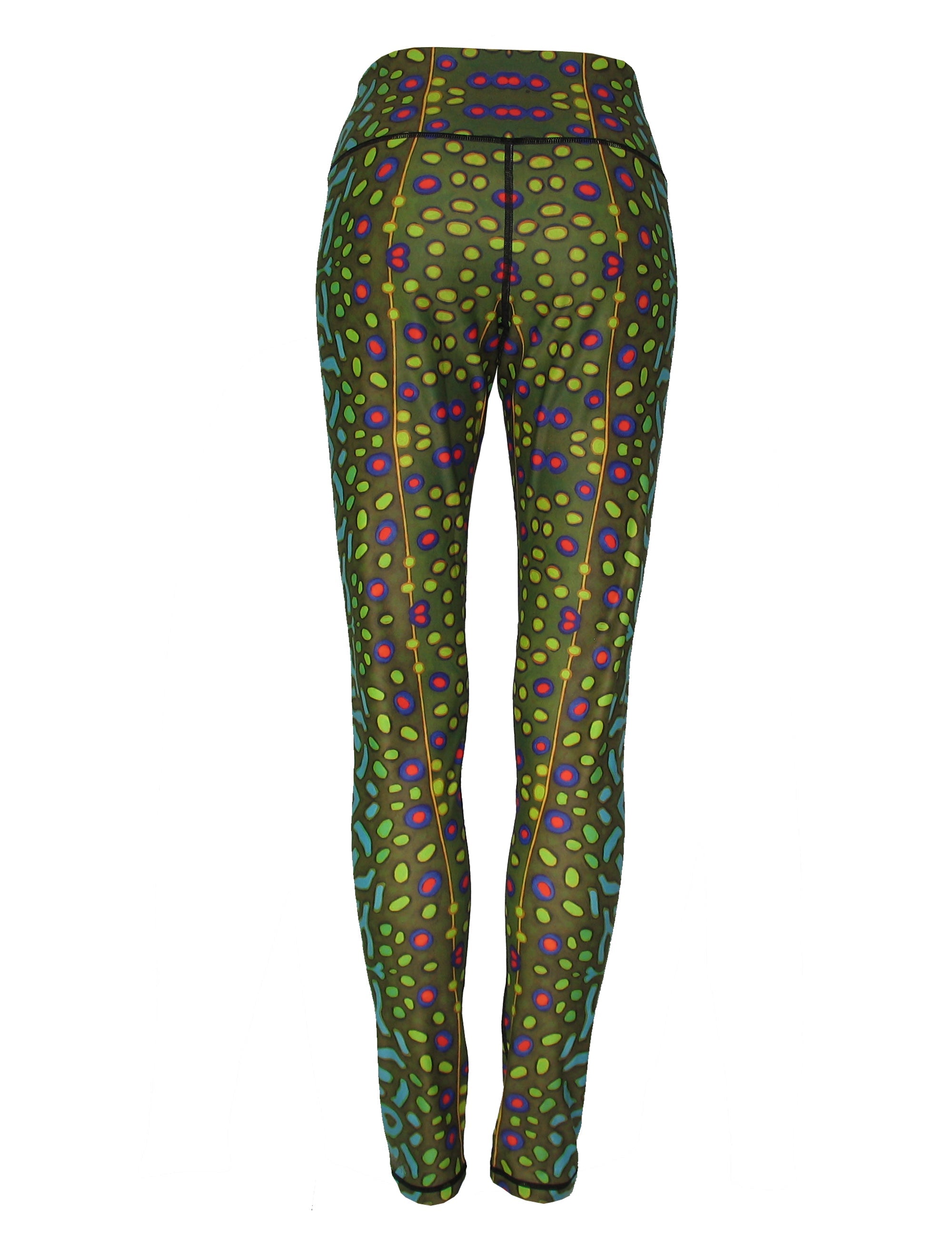 All sport leggings with a brook trout fish print pattern by Cognito Brands, Inc., featuring vibrant aquatic-themed design.