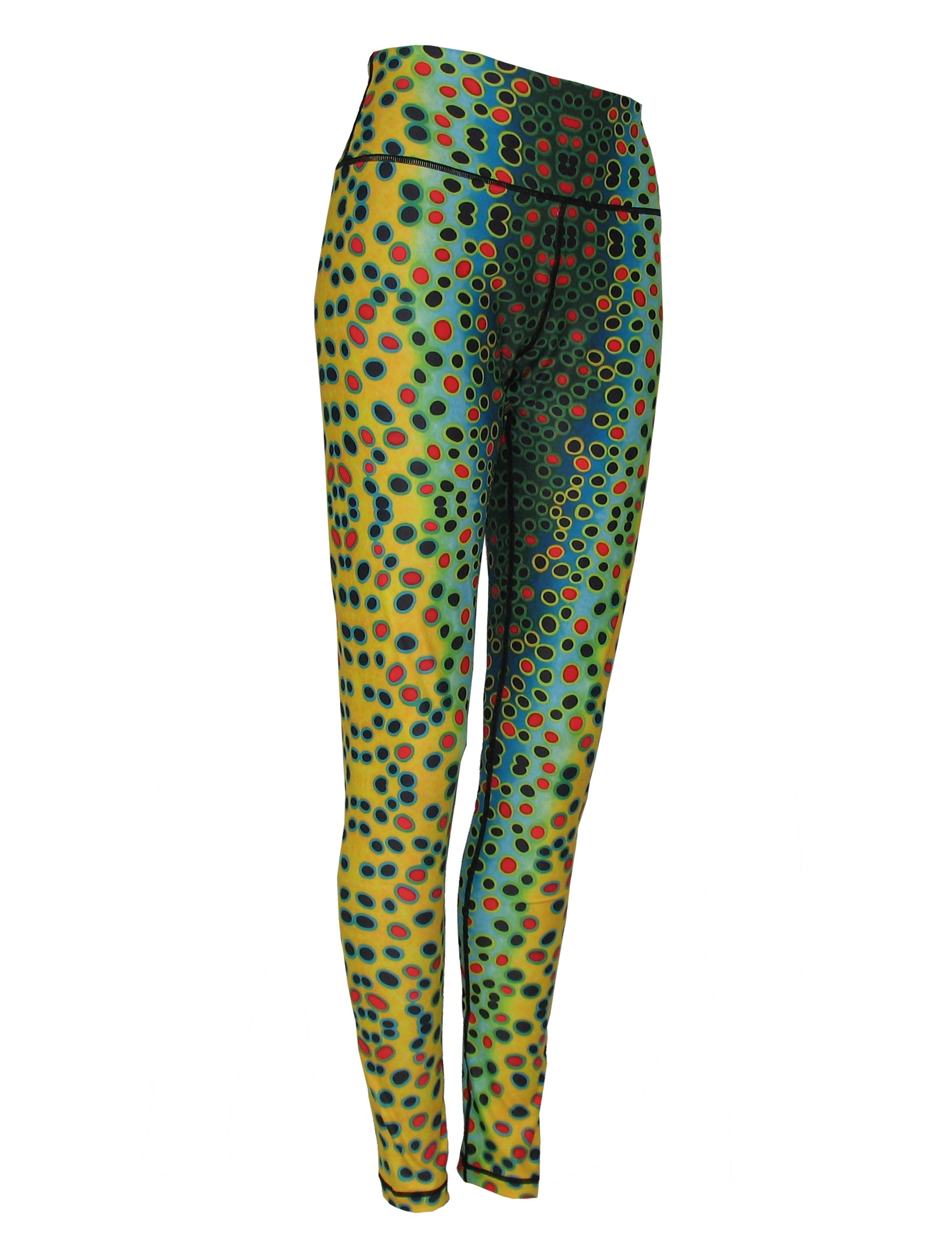 Brown trout fish print patterned all sport leggings by Cognito Brands, Inc., featuring a vibrant aquatic design on stretchy activewear.