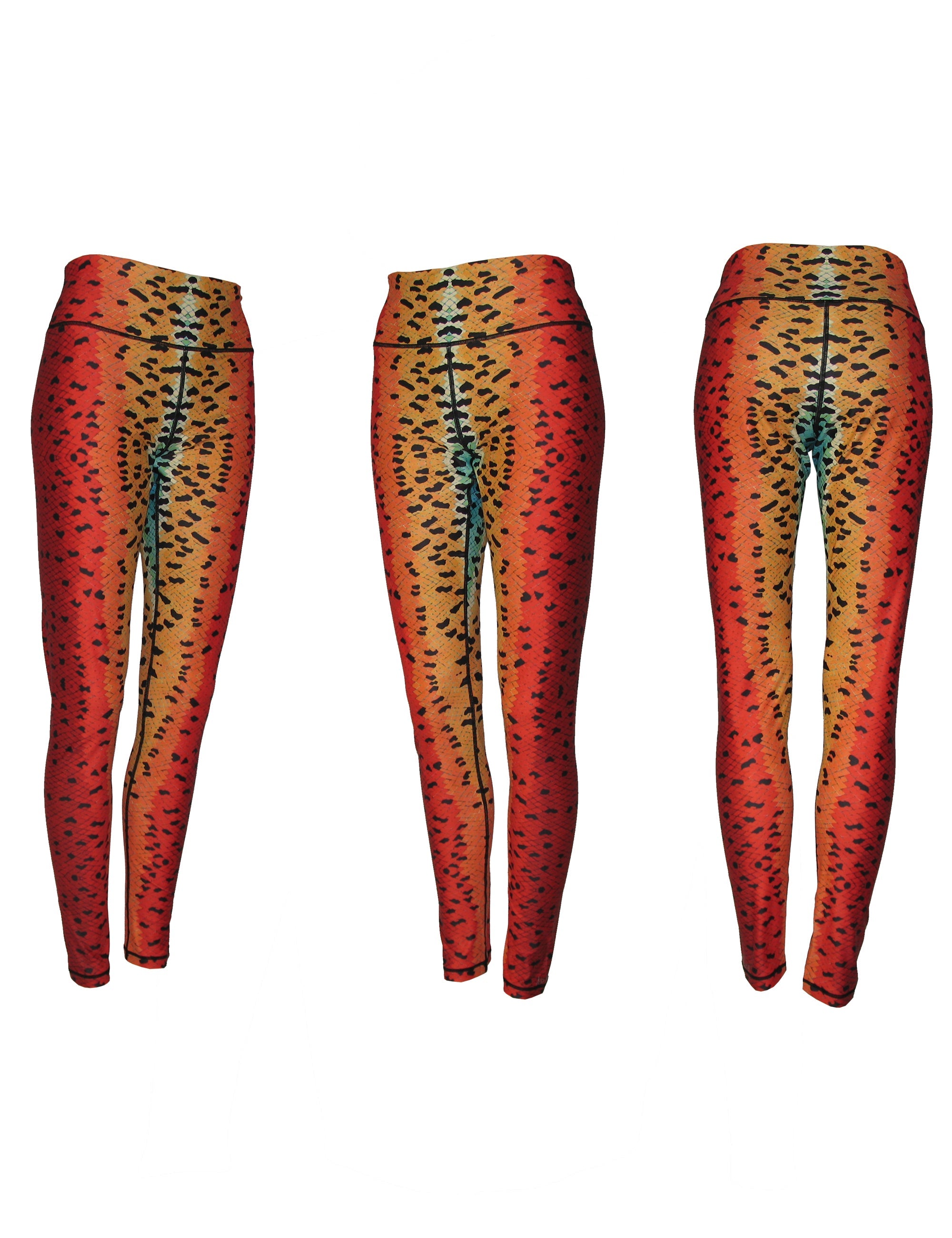 Rainbow trout fish pattern all sport leggings by Cognito Brands, Inc., featuring vibrant rainbow trout print on stretchy athletic leggings.