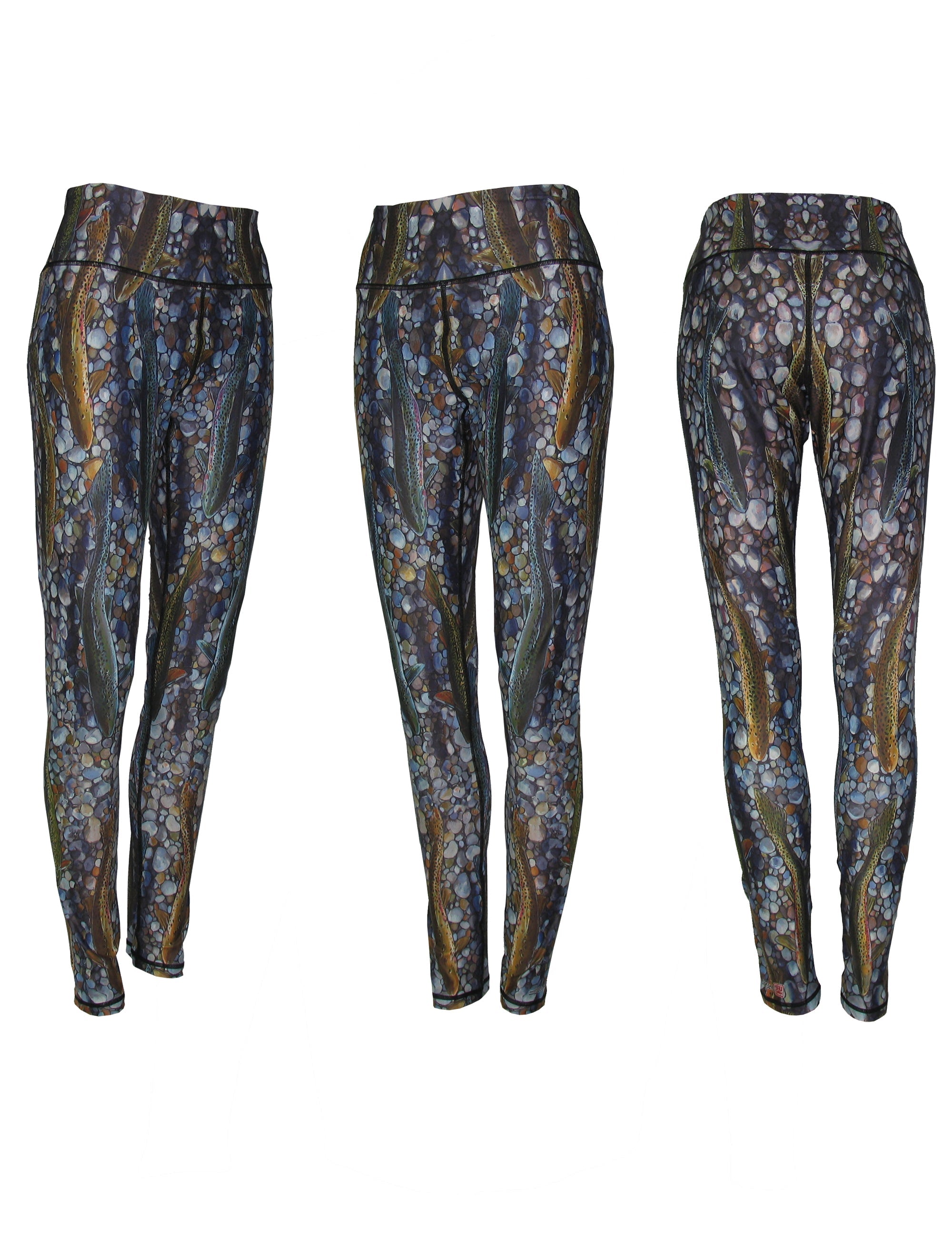 All sport leggings with a trout dreams fish print pattern by Cognito Brands, Inc. featuring colorful aquatic fish design.