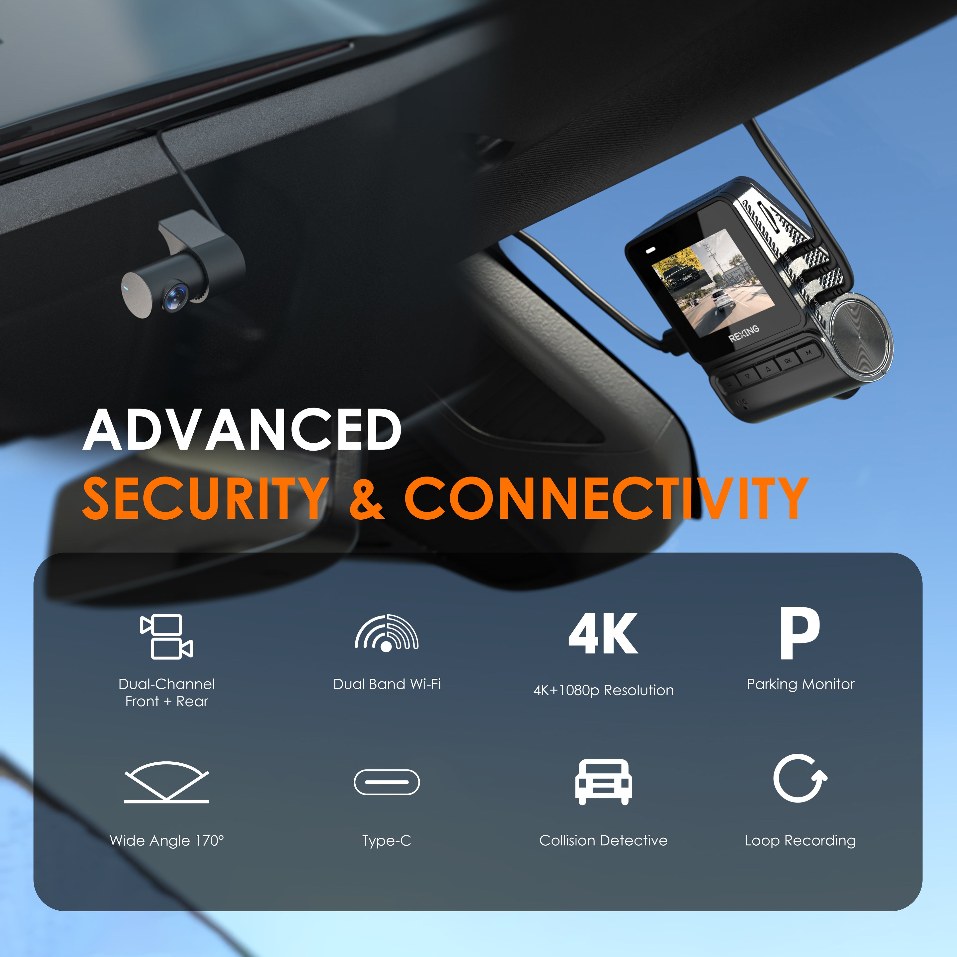 Rexing V1P Flex X4 4K WiFi dual dash cam in black showing front and rear camera lenses with adjustable mounts