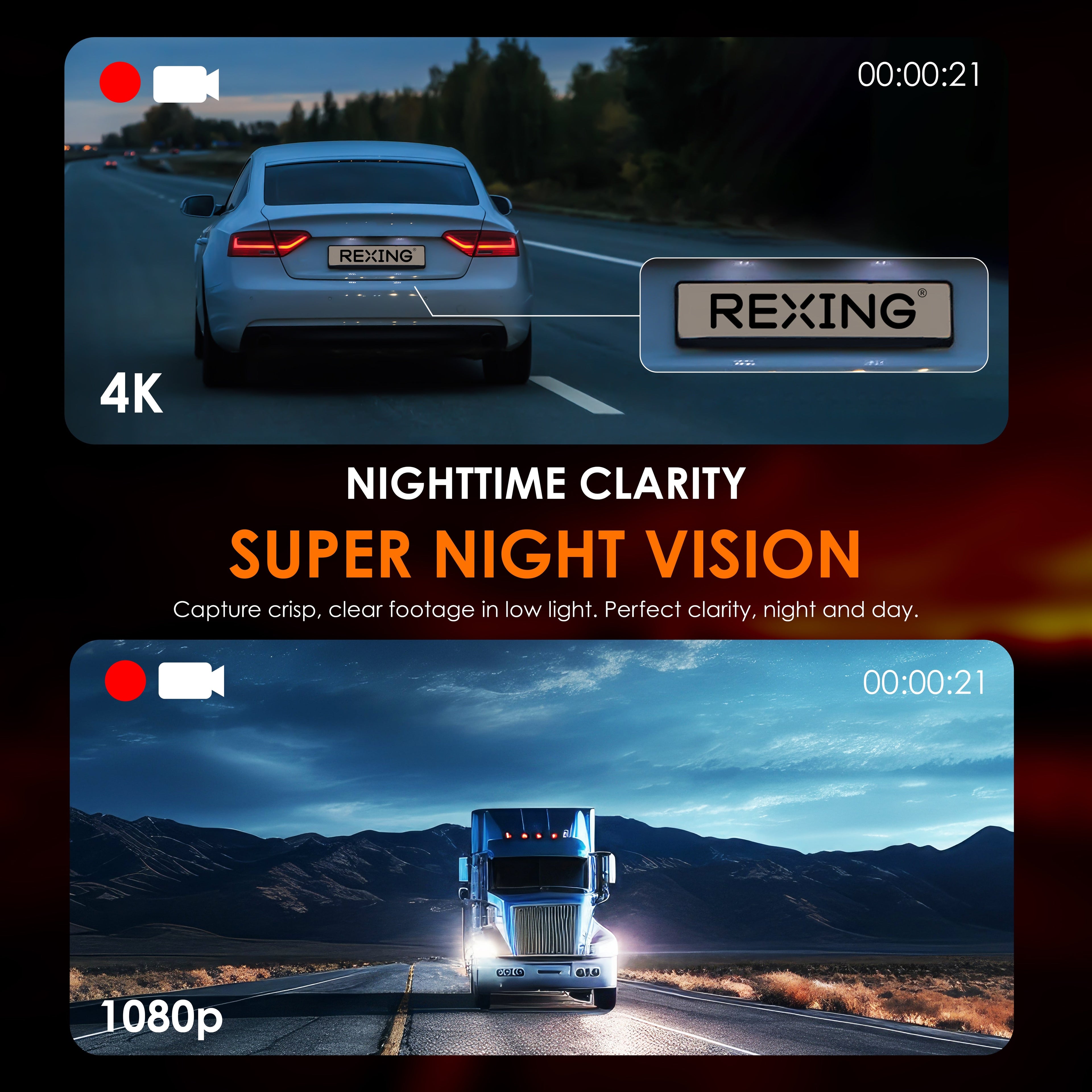 Rexing V1P Flex X4 4K WiFi dual dash cam in black, showing front camera lens and sleek design.