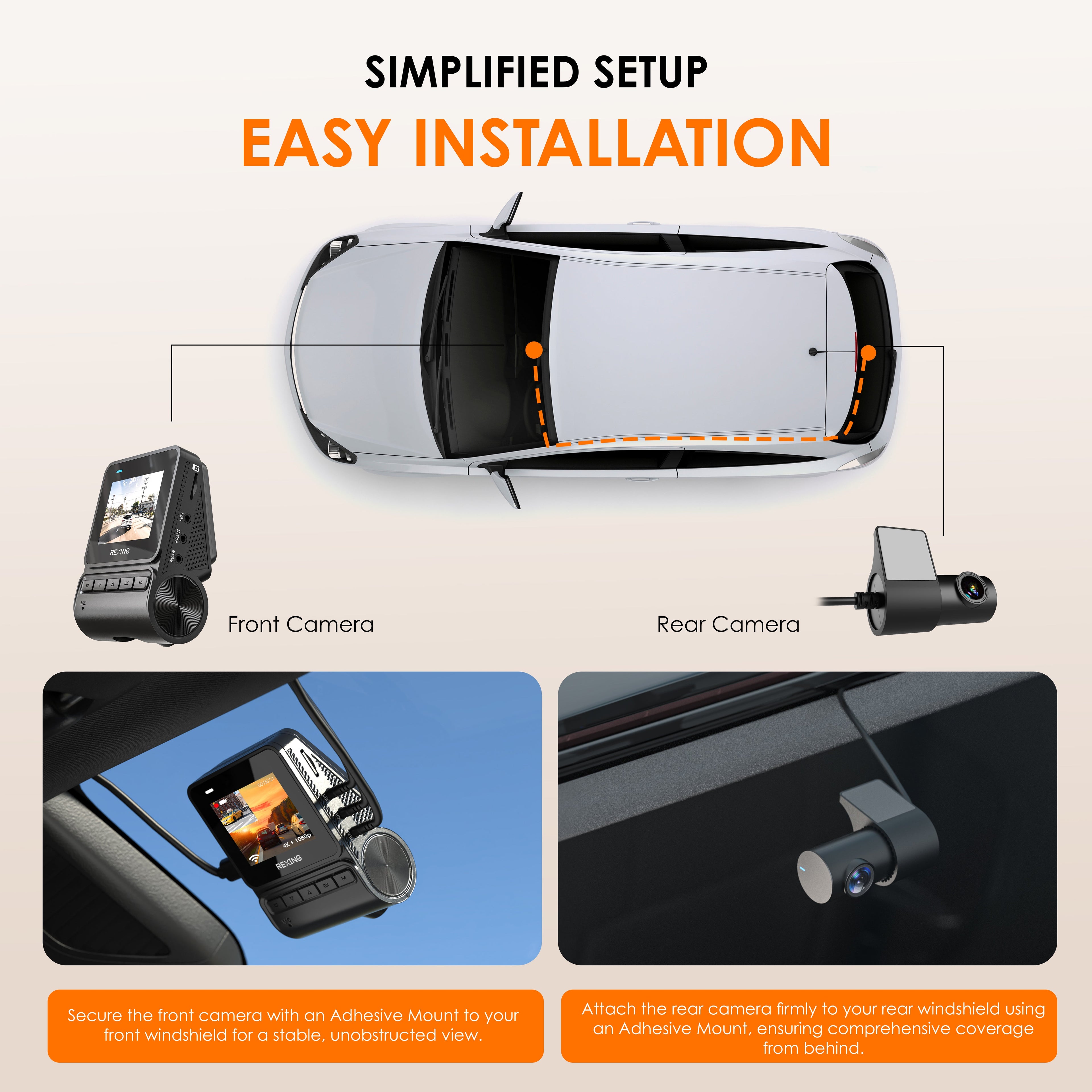 Rexing V1P Flex X4 4K WiFi dual dash cam mounted inside a vehicle, black color, capturing road view during daytime.