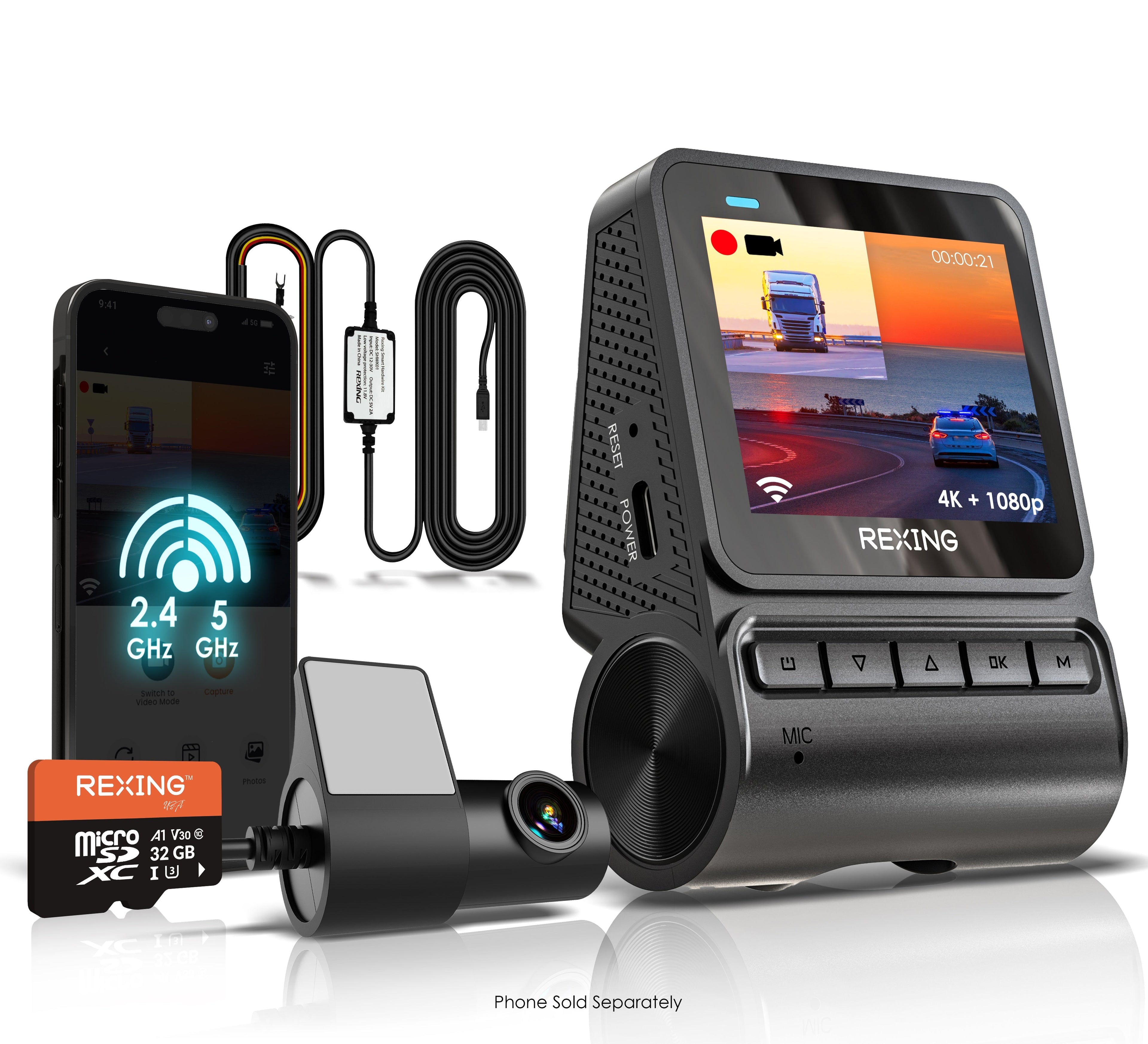 Rexing V1P Flex X4 4K WiFi dual dash cam in black showing front view with compact design and adjustable mount.