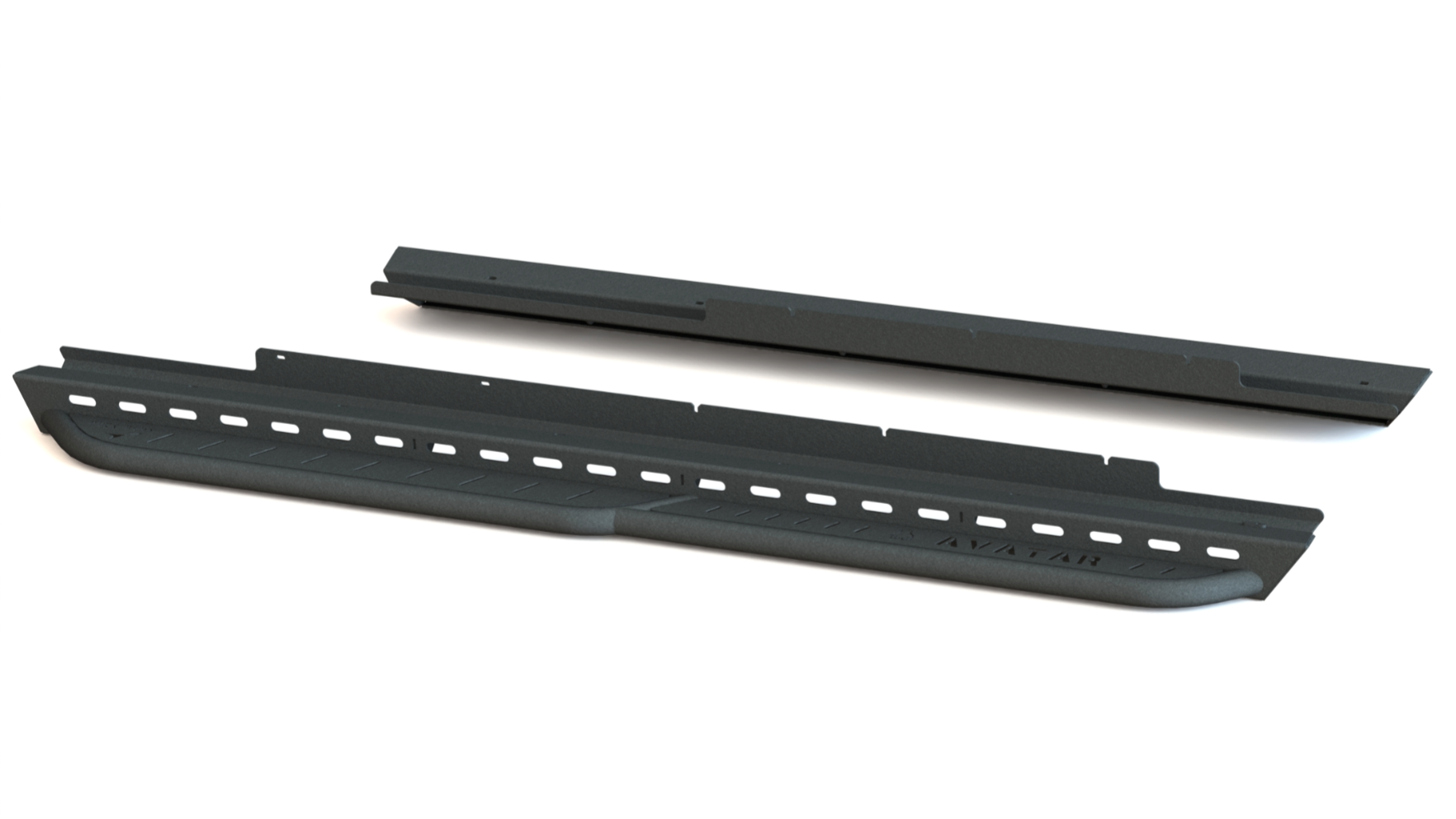 Avatar Offroad NV3500 RockBody side steps for Nissan NV3500 van, durable black metal running boards with textured surface for grip.