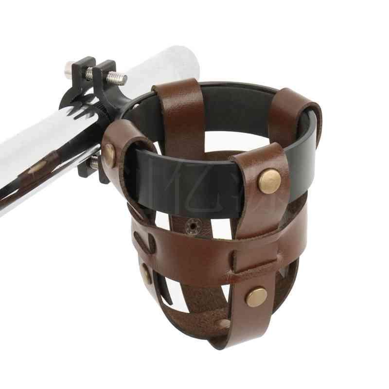 Handmade leather motorcycle water bottle holder by Bean's Moto Booth, designed as a durable accessory for motorcycle riders.