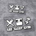Decor sticker featuring "EAT! SLEEP! GYM!" design by Bean's Moto Booth, with bold black and white text on a clear background.