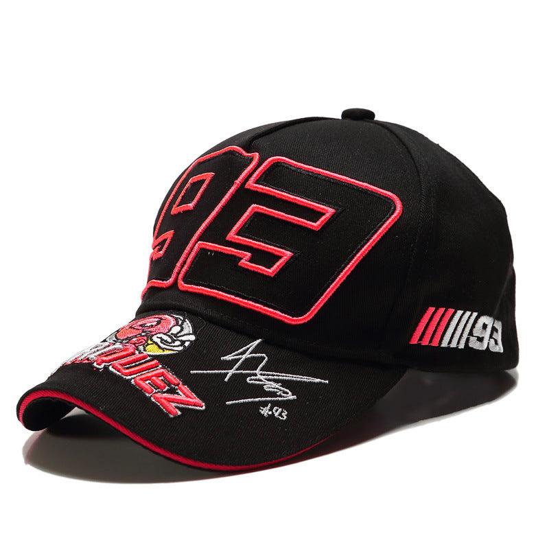 Decor baseball cap featuring motorcycle sport design by Bean's Moto Booth, displayed on a plain background.