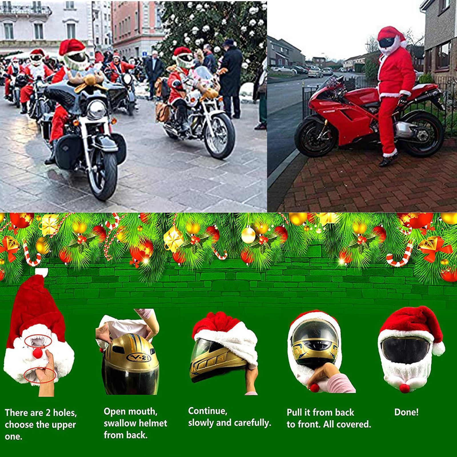 Santa Claus hat motorcycle helmet cover by Bean's Moto Booth, featuring a festive red and white design for holiday motorcycle decor.