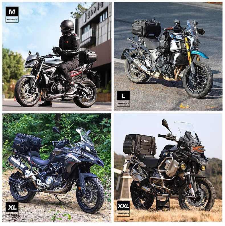 Rhinowalk™ motorcycle touring tail bag by Bean's Moto Booth, shown secured on a motorcycle with multiple compartments and straps.