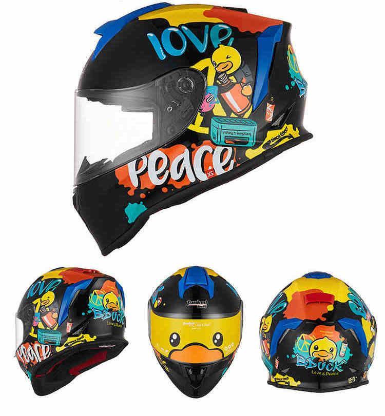 Children's motorcycle helmet by Bean's Moto Booth featuring a colorful racing design and adjustable straps.