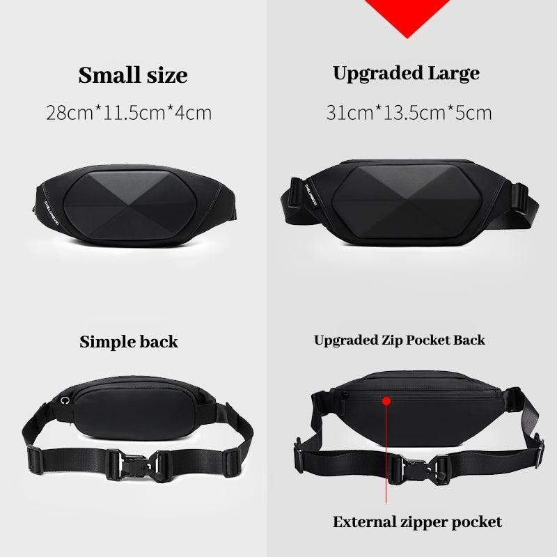 Black Knight motorcycle chest bag by Bean's Moto Booth, rugged black leather design with adjustable straps and multiple storage compartments.