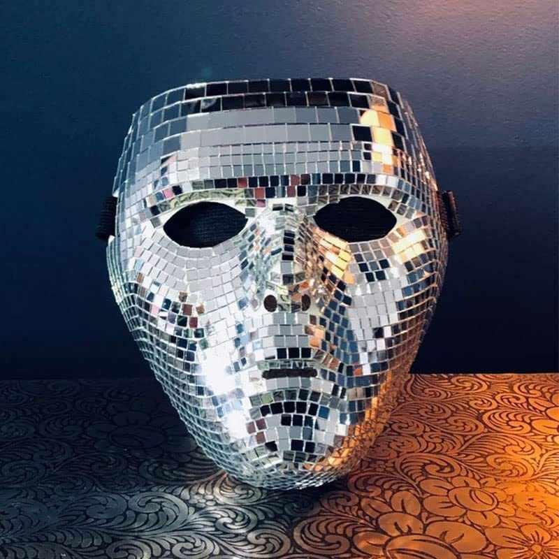 Decorative disco ball helmet by Bean's Moto Booth, featuring a shiny, reflective surface and retro style for festive decor.