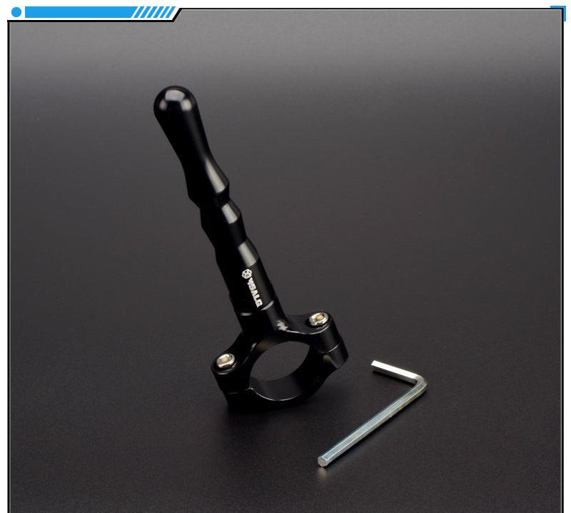 Aluminum alloy motorcycle kickstand extension rod from Bean's Moto Booth, designed for motorcycle mods, shown attached to a bike.
