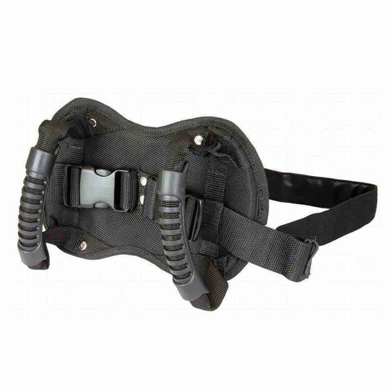 Motorcycle rear seat safety grab handle by Bean's Moto Booth, durable metal accessory for passenger security on bikes.