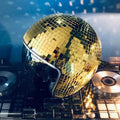 Decorative disco ball helmet by Bean's Moto Booth, featuring a shiny, reflective surface and vibrant colors for retro style decor.