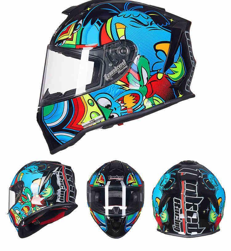 Children’s motorcycle helmet from TANKED RACING™ by Bean's Moto Booth, featuring colorful graphics and a secure fit.