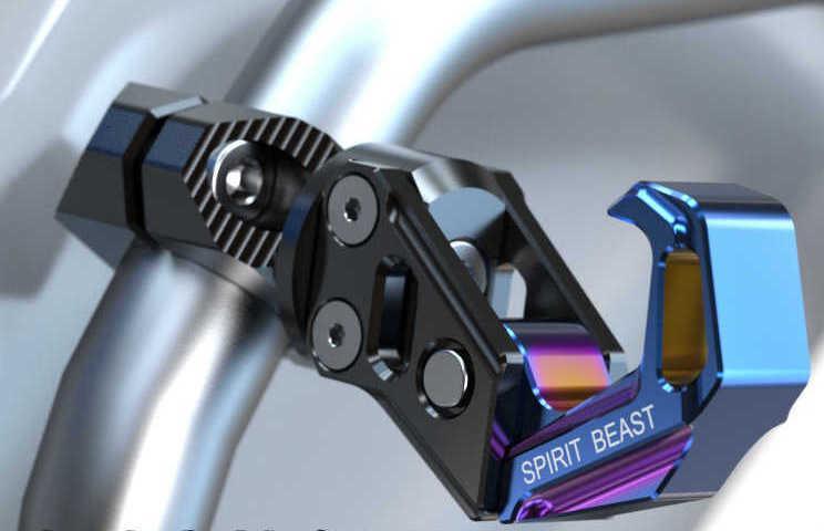 Aluminum CNC alloy crash bar hook for motorcycle accessories by Bean's Moto Booth, mounted on a motorcycle frame.
