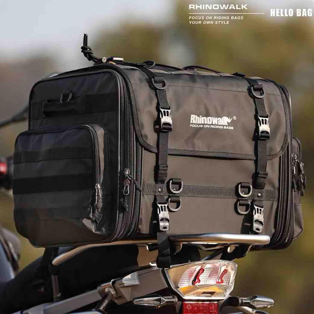 Rhinowalk™ motorcycle touring tail bag by Bean's Moto Booth mounted on motorcycle, black durable motorcycle bag for touring.