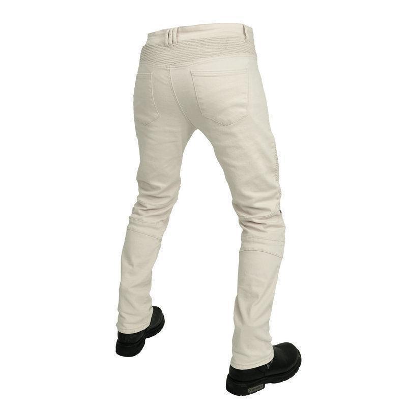 Bean's Moto Booth VOLERO™ CreamGuard men's motorcycle jeans with protective padding and durable denim for riding safety.