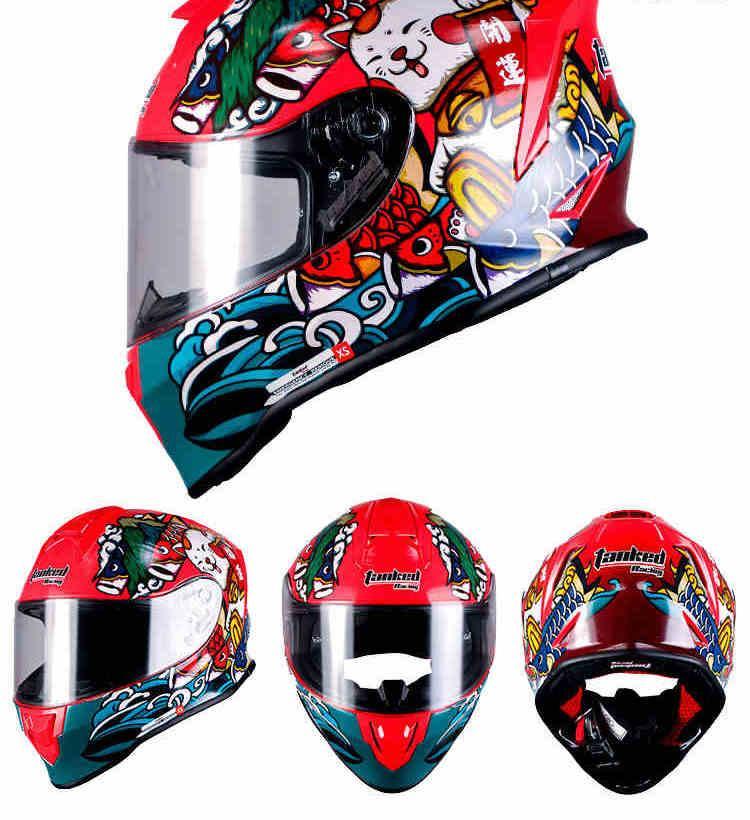 Children's motorcycle helmet by Bean's Moto Booth, TANKED RACING™ brand, featuring colorful design and secure chin strap.