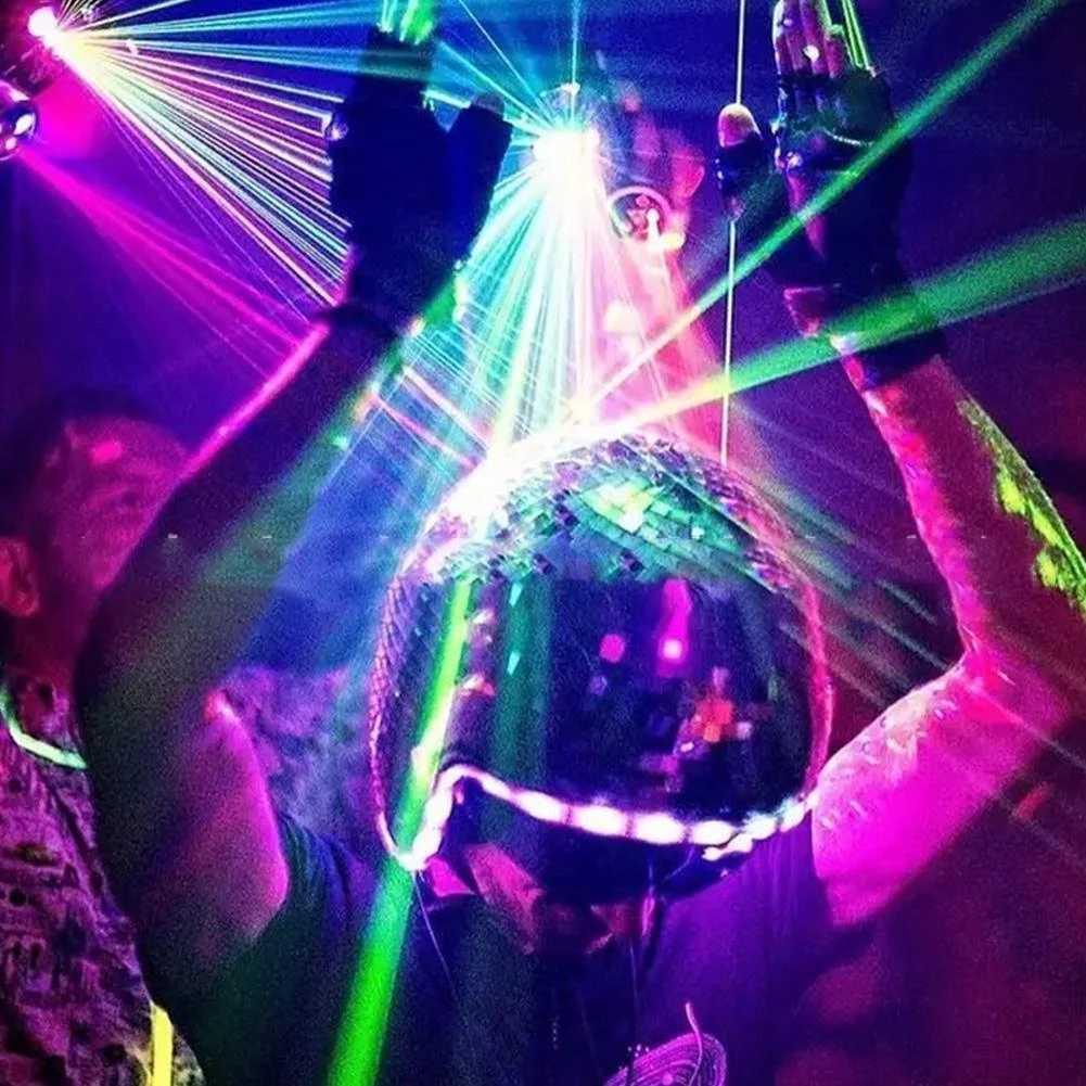 Decorative disco ball helmet by Bean's Moto Booth featuring a shiny, reflective surface with a fun, retro style.