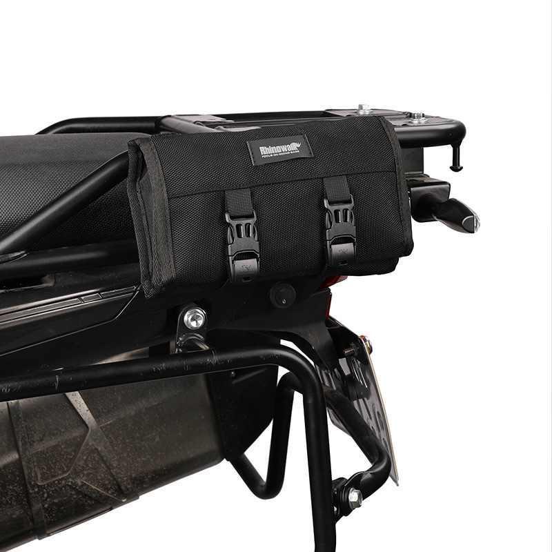 Bean's Moto Booth motorcycle tool storage bag with multiple compartments for tools and accessories, black nylon material.