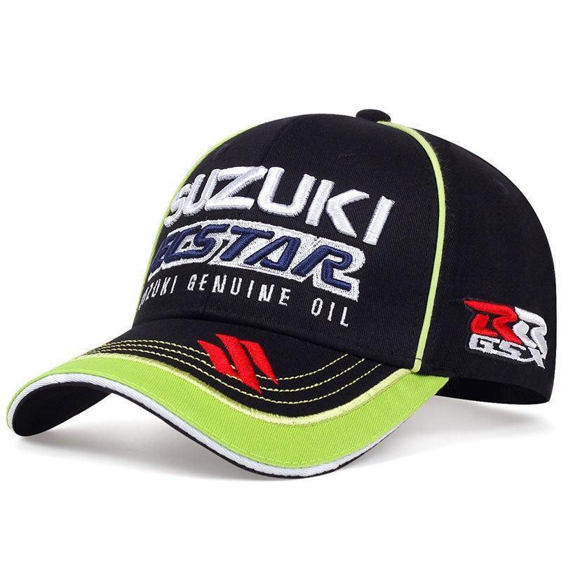 Decorative sport motorcycle baseball cap by Bean's Moto Booth with embroidered motorcycle design on the front.