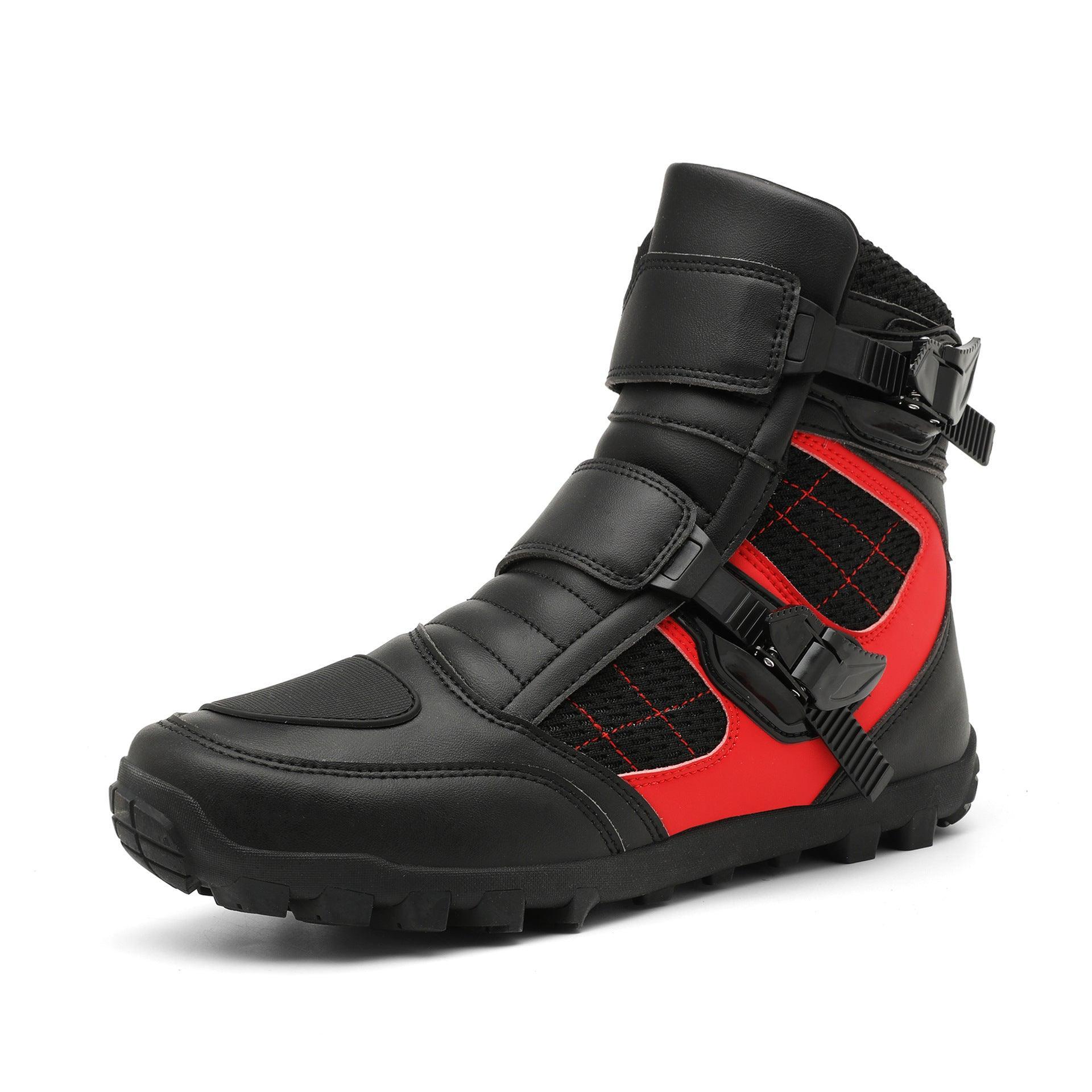 Bean's Moto Booth 4 Seasons™ TitanX motorcycle riding shoes, black leather with reinforced soles and ankle protection.