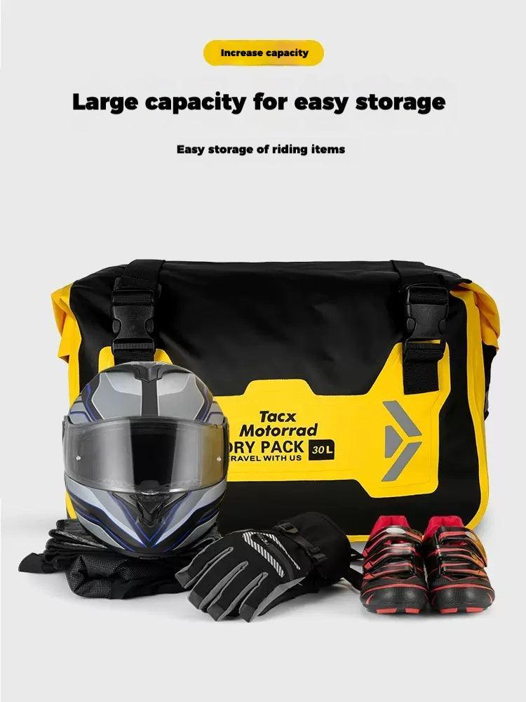 TACX™ 2-in-1 waterproof motorcycle saddlebag and pannier bag by Bean's Moto Booth, shown attached to a motorcycle.