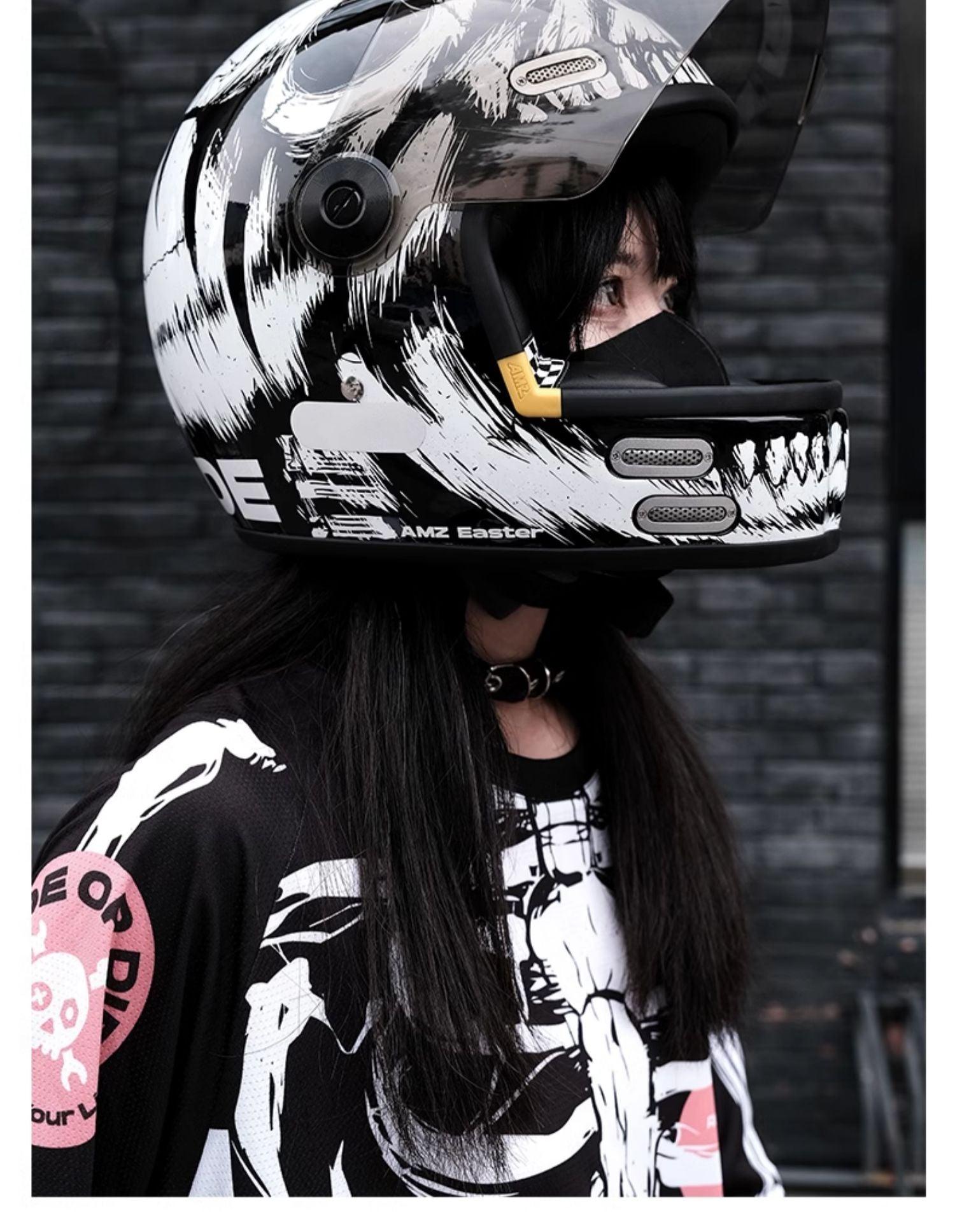 AMZ™ Demon Eye Retro Cruiser Helmet by Bean's Moto Booth, featuring a vintage style helmet with demon eye graphic and bold design.