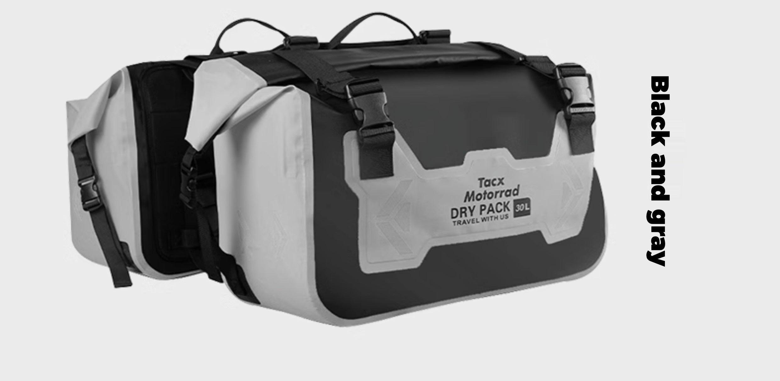Bean's Moto Booth TACX™ 2-in-1 waterproof motorcycle saddlebag with detachable design, mounted on a motorcycle for secure storage.