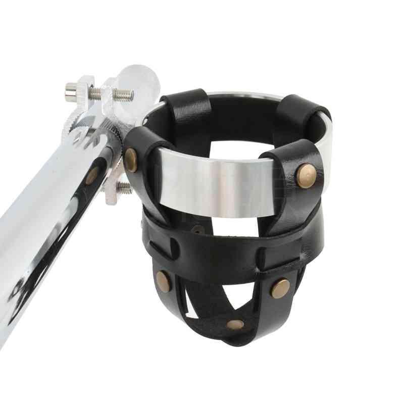 Handmade leather motorcycle water bottle holder with secure strap, designed as motorcycle accessory by Bean's Moto Booth.