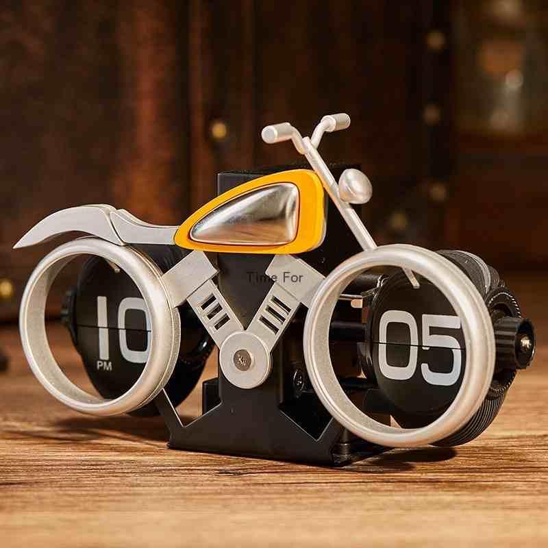 Vintage motorcycle-themed flip clock by Bean's Moto Booth showing a classic motorcycle design with flipping number display.