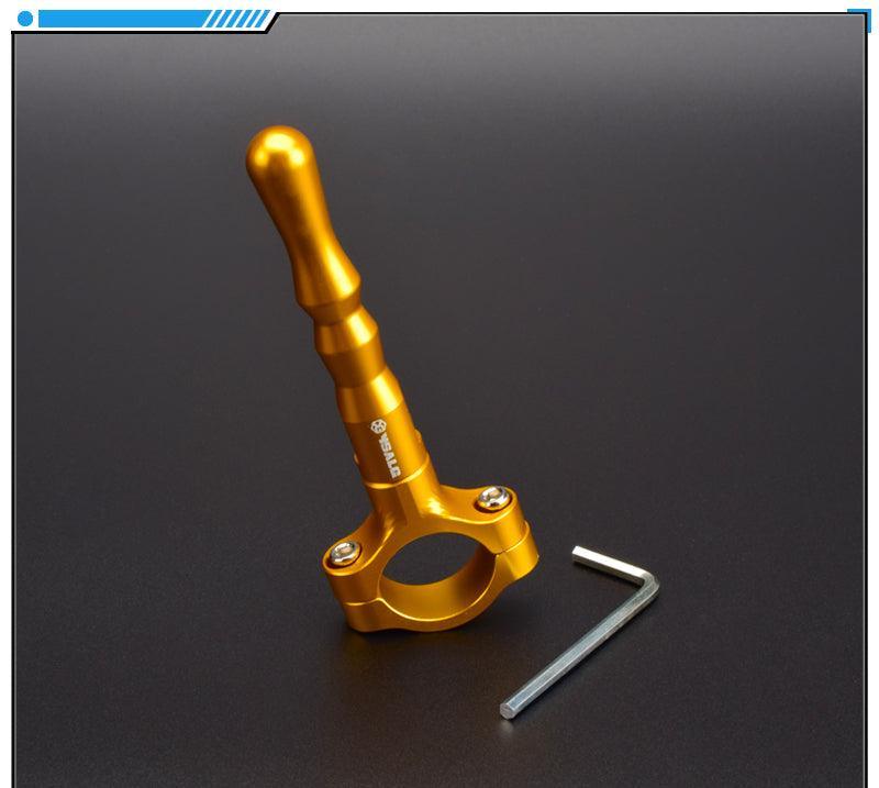 Aluminum alloy motorcycle kickstand extension rod from Bean's Moto Booth, showing the sturdy, lightweight design on a motorcycle.