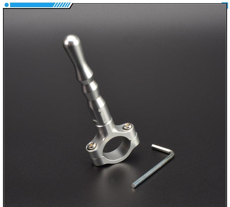 Aluminum alloy motorcycle kickstand extension rod by Bean's Moto Booth, shown attached to a motorcycle for added stability.