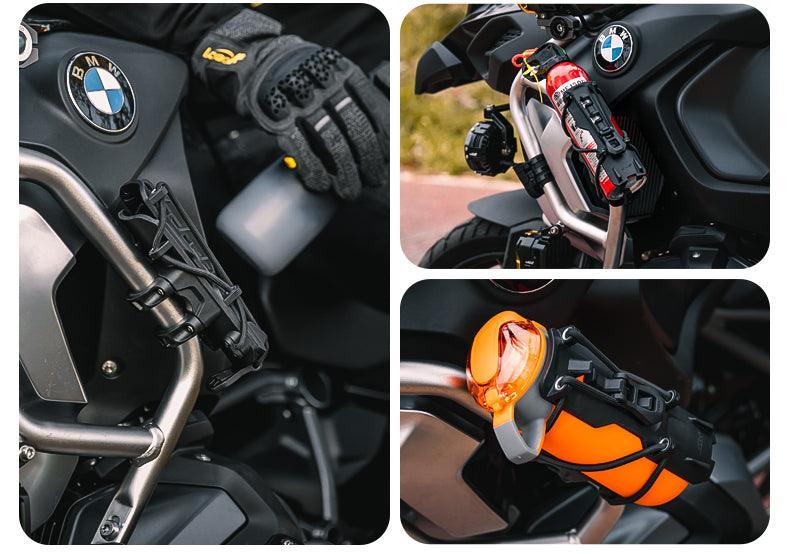 Motorcycle water bottle and fire extinguisher holder from Bean's Moto Booth, designed for motorcycle accessories.