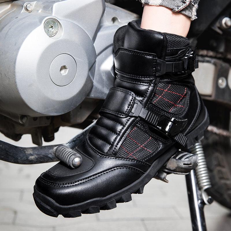 Black 4 Seasons™-TitanX motorcycle riding shoes by Bean's Moto Booth with protective ankle padding and durable sole.