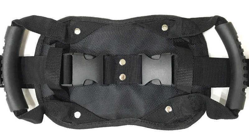 Motorcycle rear seat safety grab handle by Bean's Moto Booth, sturdy black motorcycle accessories for passenger security.