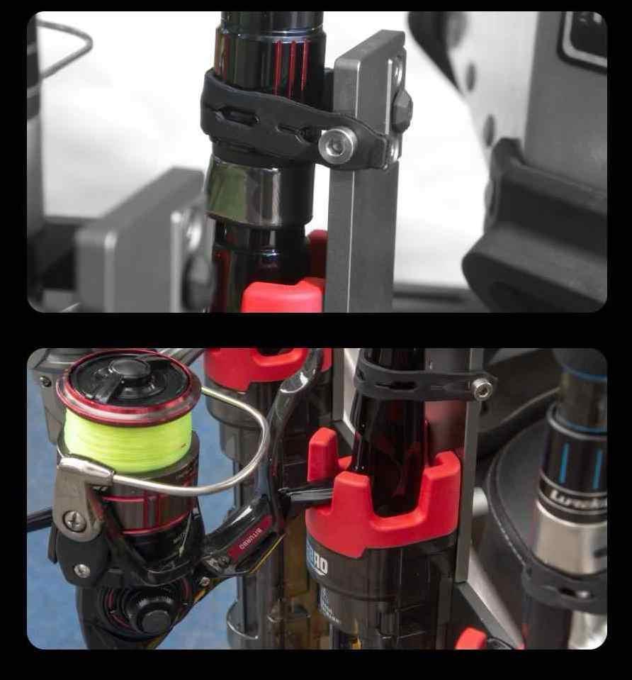 Motorcycle fishing rod storage rack by Bean's Moto Booth, mounted on bike with multiple fishing rods secured in place.