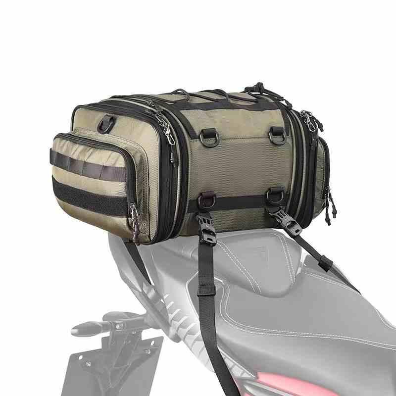 Bean's Moto Booth Rhinowalk™ motorcycle touring tail bag attached to a motorcycle for secure storage during rides.