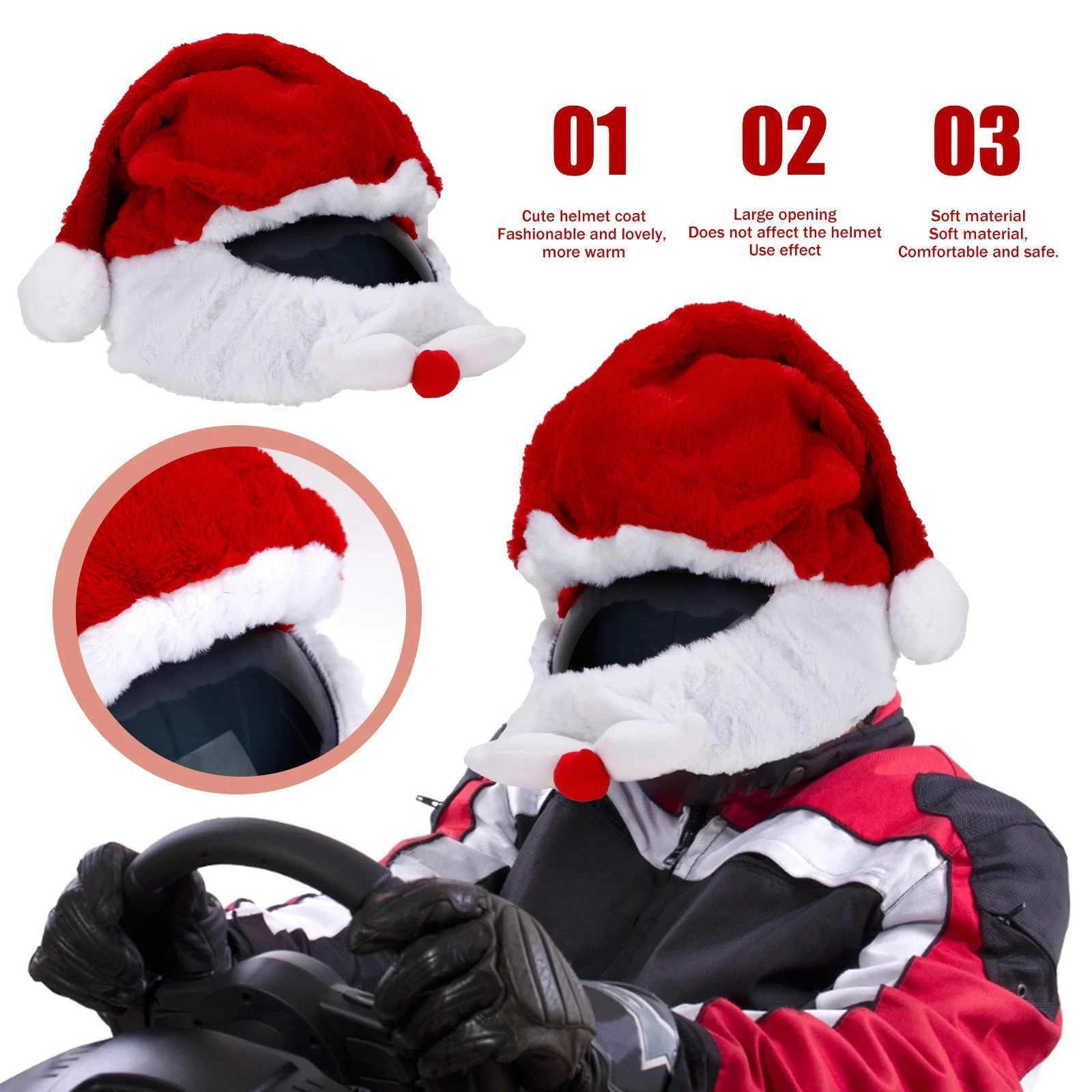 Santa Claus hat motorcycle helmet cover by Bean's Moto Booth, decorated with a festive red and white Santa hat design.