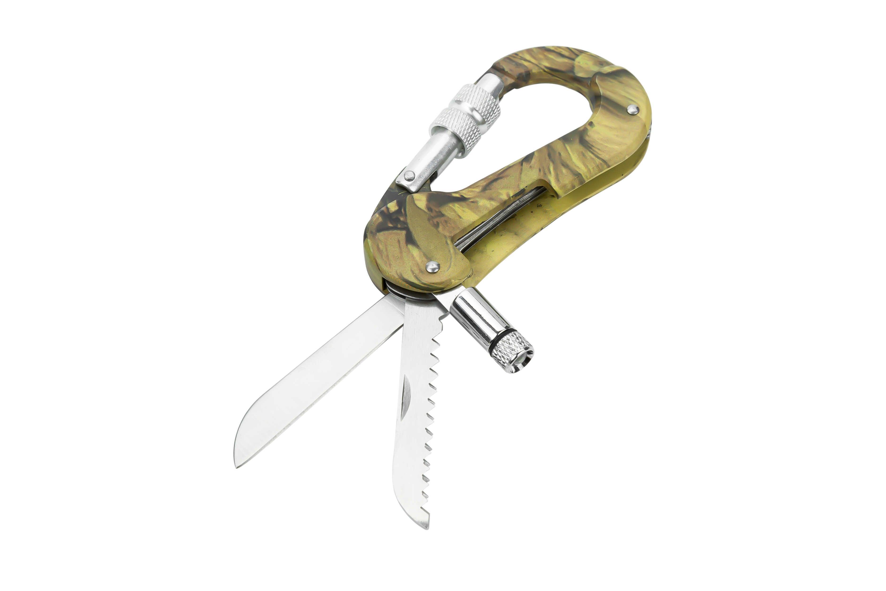 Camouflage multifunctional carabiner by Bean's Moto Booth, outdoor gear with clip and attachment features for camping or hiking.