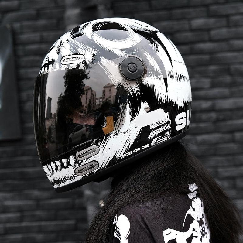 AMZ™ Demon Eye Retro Cruiser Helmet by Bean's Moto Booth with bold demon eye design, glossy finish, and vintage motorcycle style.