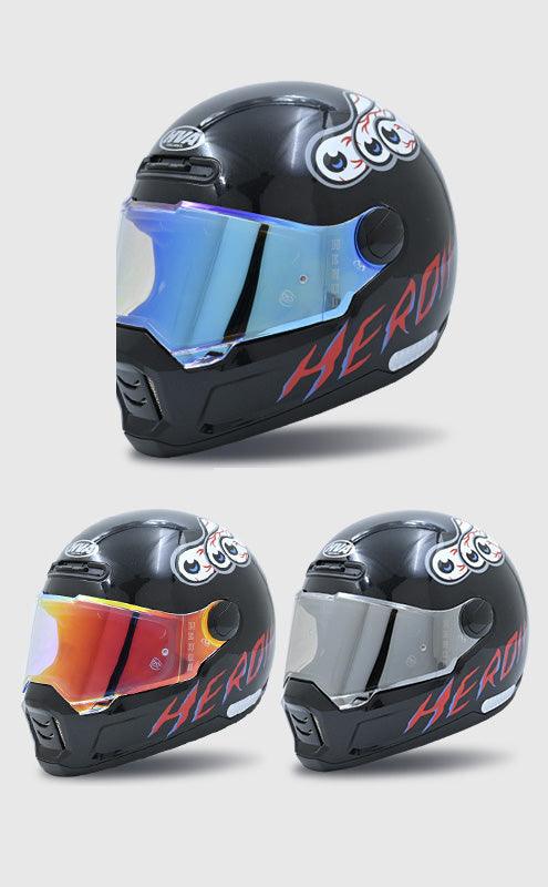 Decor illustration of a HVA™ Retro Full-Face Motorcycle Helmet by Bean's Moto Booth, featuring vintage design and bold colors.