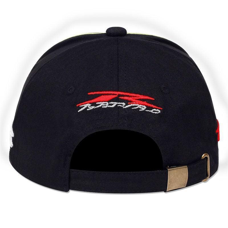 Decor sport motorcycle baseball cap with embroidered design, displayed on a neutral background, by Bean's Moto Booth.