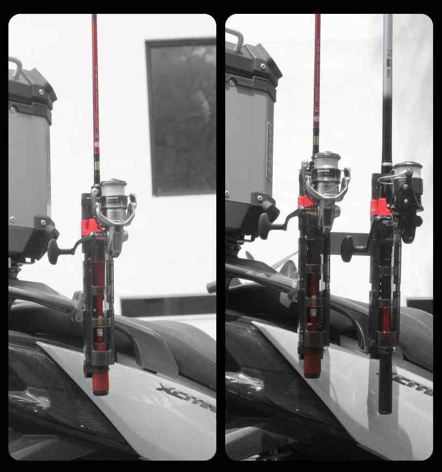 Motorcycle fishing rod storage rack from Bean's Moto Booth, showing a sturdy rack mounted on a motorcycle for convenient rod storage.