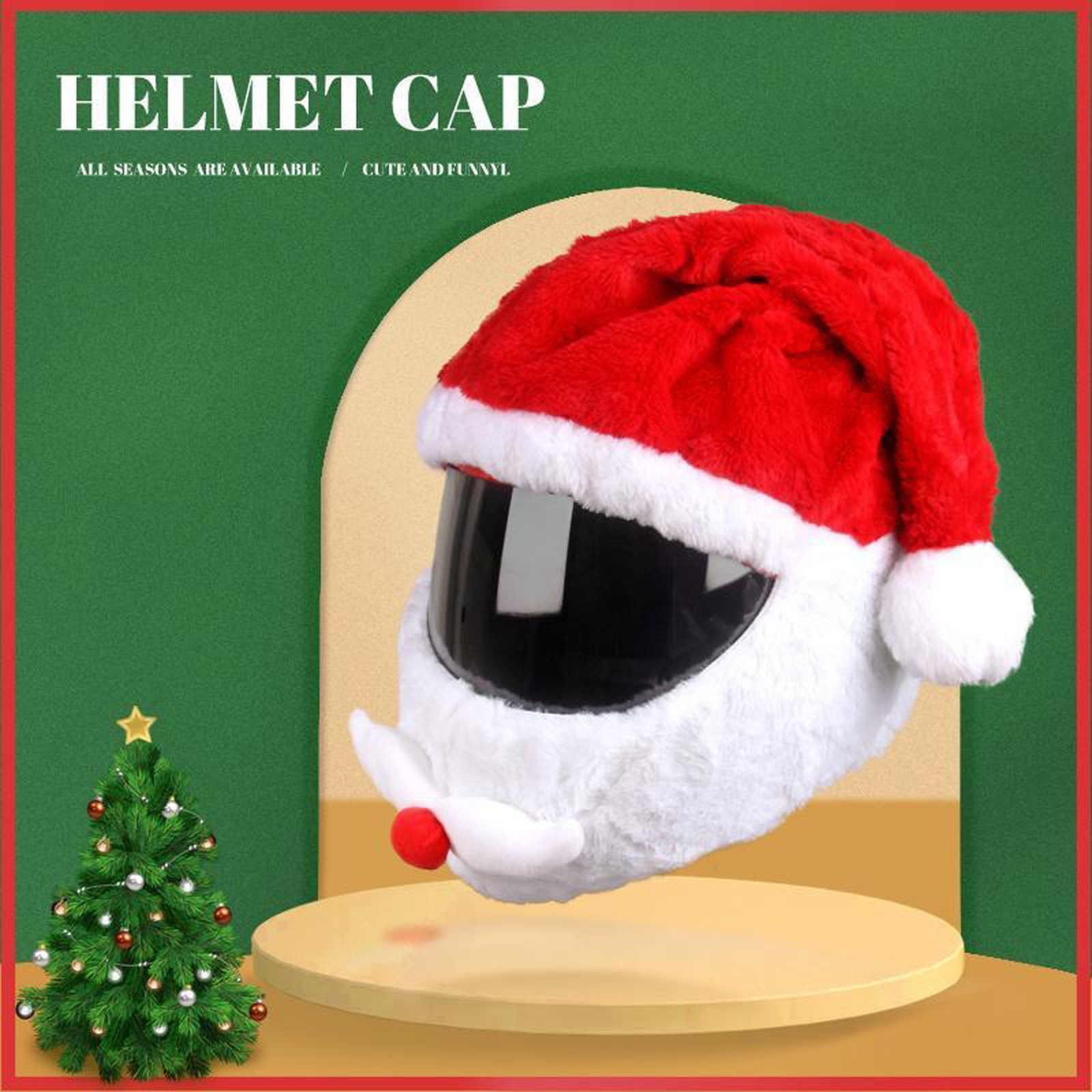 Decorative Santa Claus hat motorcycle helmet cover by Bean's Moto Booth featuring festive red and white design for holiday gear.