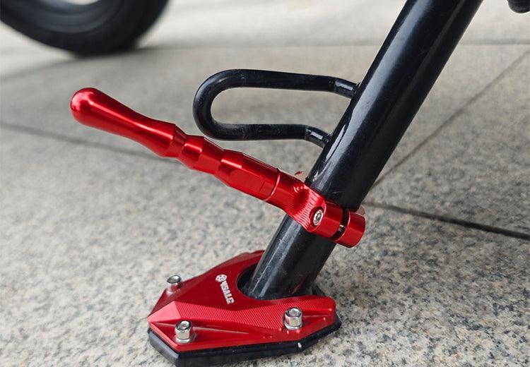 Aluminum alloy motorcycle kickstand extension rod by Bean's Moto Booth, showing the sturdy, silver-colored extension for motorcycle mods.