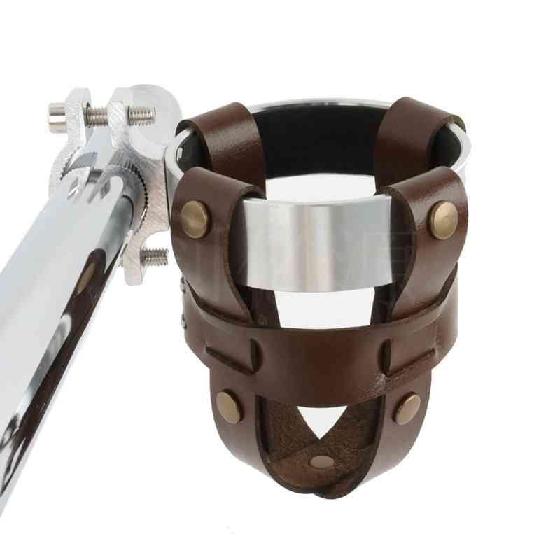 Handmade leather motorcycle water bottle holder from Bean's Moto Booth, designed as a durable motorcycle accessory.